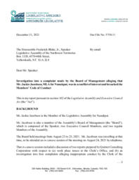 Investigation into a complaint made by the Board of Management alleging that Mr. Jackie Jacobson, MLA for Nunakput, was in a conflict of interest and breached the Members' Code of Conduct