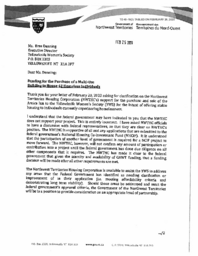 040-19(2) - Letter to Executive Director, Yellowknife Women's Society from Minister responsible for the Northwest Territories Housing Corporation regarding Funding for the Purchase of a Multi-Use Building to House 42 Homeless Individuals, dated February 2