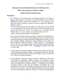 503-19(2) - Observations on Redacted Summaries of the Meetings of the GNWT-NWT and Nunavut Chamber of Mines COVID-19 Working Group 2020-2021 