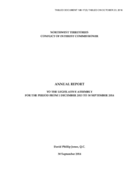 148-17(5) - Northwest Territories Conflict of Interest Commissioner Annual Report to the Legislative Assembly for the Period from 1 December 2013 to 30 September 2014 