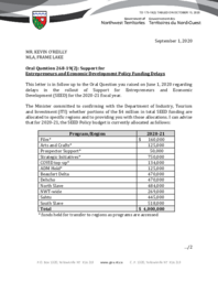 173-19(2) - Follow-up Letter for Oral Question 268-19(2): Support for Entrepreneurs and Economic Development Policy Funding Delays 