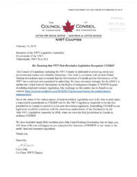 354-18(3) - Letter from The Council of Canadians NWT Chapter to Members of the NWT Legislative Assembly regarding Ensuring that NWT Post-Devolution Legislation Recognizes UNDRIP, dated February 15, 2019 