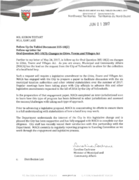 414-18(2) - Follow-up On Tabled Document 355-18(2): Follow-Up Letter for Oral Question 385-18(2): Changes to Cities, Towns And Villages Act 