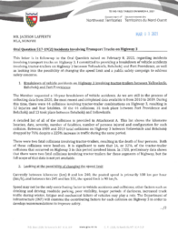 342-19(2) - Follow-up Letter for Oral Question 517-19(2): Incidents Involving Transport Trucks on Highway 3 