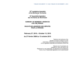 111-16(5) - Summary of Members' Absences for the Period February 27, 2010 to October 13, 2010 