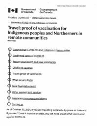 612-19(2) - Government of Canada, Travel:  Proof of Vaccination for Indigenous Peoples and Northerners in Remote Communities at December 1, 2021