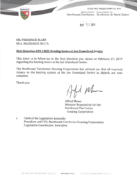 420-18(3) - Follow-up Letter for Oral Question 629-18(3): Heating Issues at Joe Greenland Centre 