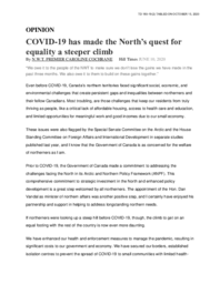 180-19(2) - Excerpt from The Hill Times, June 10, 2020 - COVID-19 has made the North's quest for equality a steeper climb 