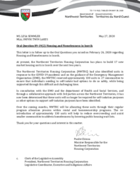 113-19(2) - Follow-up Letter for Oral Question 89-19(2): Housing and Homelessness in Inuvik 