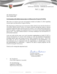 377-18(2) - Follow-up Letter for Oral Question 403-18(2): Seniors Sport and Recreation Program Funding 