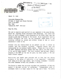 099-12(3) - Letter from the Status of Women Council's concerning Minister Mike's Position on not Increasing Social Assistance Food Allowances