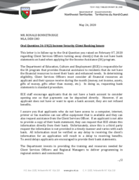 091-19(2) - Follow-up Letter for Oral Question 34-19(2): Income Security Client Banking Issues 