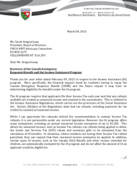 362-19(2) - Letter dated March 8, 2021 from Minister of Education, Culture and Employment to YWCA NWT Advocacy Committee regarding Recovery of the Canada Emergency Response Benefit and the Income Assistance Program 