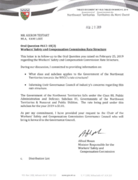 367-18(3) - Follow-up Letter for Oral Question 613-18(3): Workers' Safety and Compensation Commission Rate Structure 