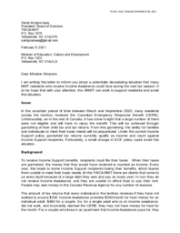 361-19(2) - Letter dated February 9, 2021 from YWCA NWT Advocacy Committee to Minister of Education, Culture and Employment Requesting Change in Garnishee Interpretation 