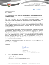 070-19(2) - Follow-up Letter for Oral Question 144-19(2): Full-Time Psychologist for Children and Youth Treatment Centre 