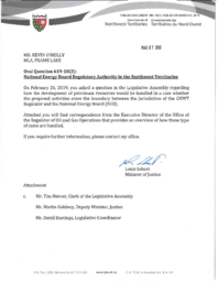 380-18(3) - Follow-up Letter for Oral Question 619-18(3): National Energy Board Regulatory Authority in the Northwest Territories 