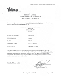 348-18(3) - Yukon Quartz Mining Land Use Approval LQ00253b for Mactung Property dated February 4, 2016 