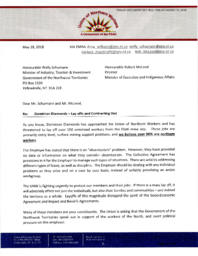 207-18(3) - Letter dated May 28, 2018 from President of Union of Northern Workers to Honourable Wally Schumann and Honourable Robert McLeod regarding Dominion Diamonds - Lay offs and Contracting Out 