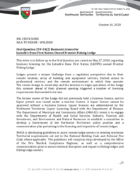 186-19(2) - Follow-up Letter for Oral Question 239-19(2): Business License for Lutsel K-e Dene First Nation-Owned Frontier Fishing Lodge 