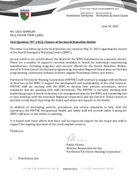 457-19(2) - Follow-up Letter for Oral Question 707-19(2) - : Closure of the Inuvik Homeless Shelter 