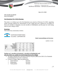 605-19(2) - Follow-up Letter for Oral Question 916-19(2):  Housing