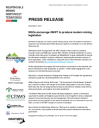 079-18(3) - Press Release by Responsible Mining Northwest Territories - NGO's encourage GNWT to produce modern mining legislation 