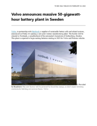 565-19(2) - Article - "Volvo announces Massive 50-Gigawatt-Hour Battery Plant in Sweden" dated February 7, 2022 