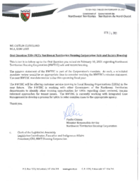 324-19(2) - Follow-up Letter for Oral Question 538-19(2): Northwest Territories Housing Corporation Safe and Secure Housing 