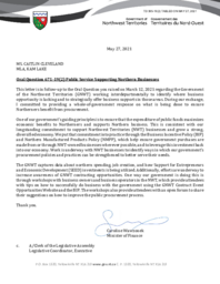 395-19(2) - Follow-up Letter for Oral Question 671-19(2)  Public Service Supporting Northern Businesses