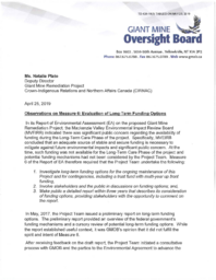 424-18(3) - Letter dated April 25, 2019 from Giant Mine Oversight Board regarding Observations on Measure 6: Evaluation of Long-Term Funding Options 