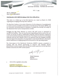 172-18(3) - Follow-Up Letter to Oral Question 263-18(3: Dredging of the Port of Hay River 