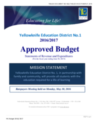 183-18(2) - Yellowknife Education District No. 1 2016/2017 Approved Budget 