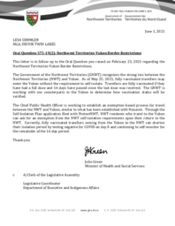 423-19(2) - Follow-up Letter for Oral Question 575-19(2): Northwest Territories - Yukon Border Restrictions