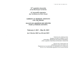 436-19(2) - Summary of Members' Absences for the Period February 3, 2021 to May 26, 2021 = Releve des absences des deputes pour la periode suivante : du 3 fevrier 2021 au 26 mai 2021