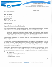 426-19(2) - Redacted Meeting Summaries for the Government of the Northwest Territories-Chamber of Mines COVID-19 Recovery Working Group June 2020-April 2021 obtained under Access to Information