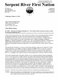 092-17(3) - Letter Dated October 31, 2012: FIPA - Financial Investment Protection Act, "First Nations lands and treaty territories cannot be sold out to foreign investors" 