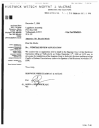 052-13(6)-Letter to the Legislative Assembly from Mr. John A. Hustwick regarding Mr. Don Morin's application for a judicial review of the report of the Conflict of Interest Commissioner.