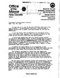 059-91(1) - Statement from Mayor of Burlington, Vermont Encouraging Referendum Voters to Support Cree and Inuit of Hudson Bay by Refusing to Purchase Power from Hydro-Quebec