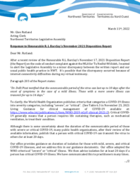 Response to Honourable R. L. Barclay's November 2021 Disposition Report