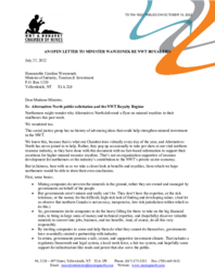 704-19(2) Chamber of Mines Open Letter dated July 27, 2022 to Minister of Industry, Tourism and Investment regarding Alternatives North Public Solicitation and the Northwest Territories Royalty Regime