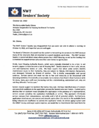 746-19(2) Letter dated October 22, 2022, from NWT Seniors’ Society to Minister responsible for Housing Northwest Territories regarding Seniors’ Housing