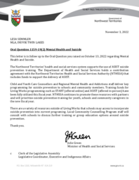 807-19(2) Follow-up Letter for Oral Question 1159-19(2):  Mental Health and Suicide