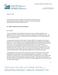 818-19(2) Letter dated January 13, 2023, from Kevin O’Reilly, MLA, to Ministers of Environment and Natural Resources, Industry, Tourism and Investment, and Lands regarding Public Participation in Resource Management