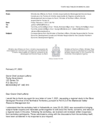 875-19(2) Letter dated February 3, 2023, from Minister of Northern Affairs to Tłı̨chǫ Grand Chief Jackson Lafferty regarding a Regional Study for the Slave Geological Province