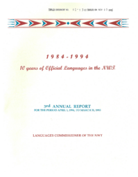 01-13(1) - 1984-1994 : 10 Years of Official Languages in the N.W.T. : 3rd Annual Report for the Period April 1, 1994, to March 31, 1995