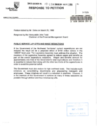 023-13(3) - Response to Petition 3-13(3) : tabled by Mr. Ootes, March 25, 1996 : public service lay-offs and wage reductions