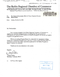 108-13(3) - Letter to Mr. Mark Evaloarjuk, MLA for Amituq, from Tammi Porter, Secretary Treasurer of the Baffin Regional Chamber of Commerce, regarding funding for the Inuvik and Iqaluit hospitals