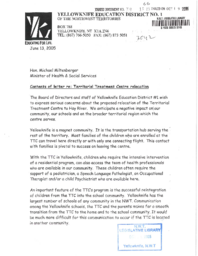 039-15(4) - Letter to Minister Miltenberger from Yellowknife Education District No. 1 Re: Territorial Treatment Centre