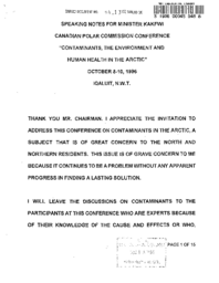 094-13(3) - Speaking notes for Minister Kakfwi : Canadian Polar Commission Conference : "Contaminants, the environment and human health in the Arctic" October 8-10, 1996 Iqaluit, NWT